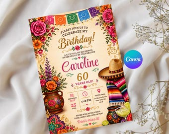 Sjabloon voor een verjaardagskaart met Mexicaans thema, bewerkbare uitnodiging voor een Mexicaans verjaardagsfeest, uitnodiging voor een fiesta-feest, printbare verjaardagskaart voor volwassenen