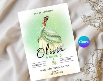 Princess Tiana invitation template, princess invitation, digital invitation, editable lion invitation, birthday invitation
