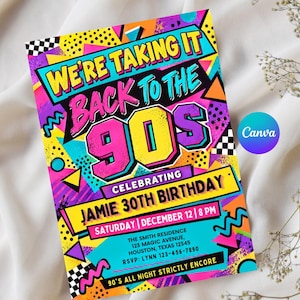 Può includere: Un biglietto d'invito di compleanno rettangolare con un vivace design grafico ispirato agli anni '90 nei colori neon giallo, rosa, viola e blu. Il testo recita: WE'RE TAKING IT BACK TO THE 90S, CELEBRATING JAMIE 30TH BIRTHDAY, SATURDAY DECEMBER 12 8 PM.
