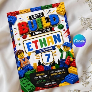 Puede incluir: Una tarjeta de invitación de cumpleaños rectangular con bloques de construcción de plástico coloridos, dos figuras amarillas y el texto: LET'S BUILD SOME FUN! ETHAN IS TURNING 7. Incluye detalles del evento para el sábado 22 de junio de 2024 a las 14:00.