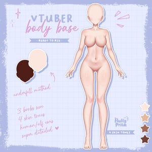 May include: Digital illustration of a VTuber body base with a blank face and various skin tones. The image includes text indicating "3 boobs size", "4 skin tones", and "human/elf ears". The design is labelled "READY TO RIG".