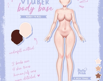 Könnte beinhalten: Digitale Illustration einer VTuber-Körperbasis mit leerem Gesicht und verschiedenen Hauttönen. Das Bild enthält Text mit den Angaben "3 Brustgrößen", "4 Hauttöne" und "menschliche/elfische Ohren". Das Design ist mit "READY TO RIG" gekennzeichnet.
