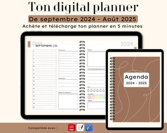 Puede incluir: Un planificador digital con una cubierta marrón y el texto "Agenda 2024 - 2025". El planificador está abierto en una página con el texto "DIM SEPTEMBRE | 01" y una sección para notas, listas de tareas y seguimiento del estado de ánimo.