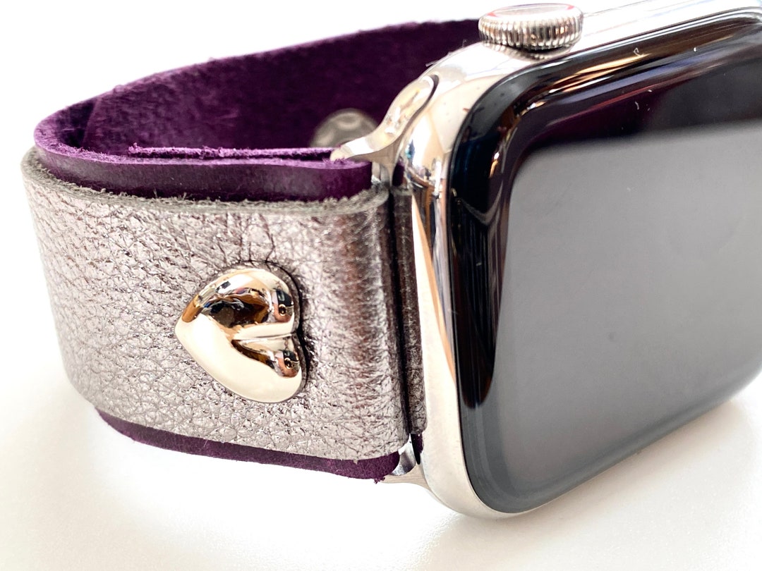 Apple Watch Band Genuine Italian Leather in Rustic Eggplant and Mercury Silver Up cycled Leather Etsy