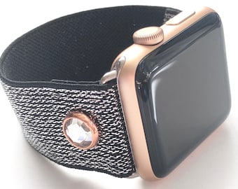 Elastic Apple Watch Band with Crystal in Rose Gold on metallic silver band