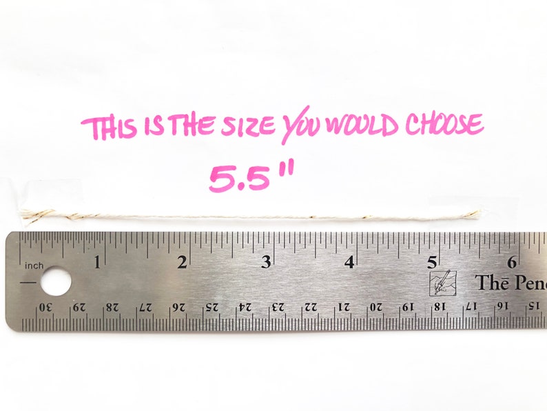 May include: A ruler measuring 5.5 inches with a piece of string laid across it. The text "THIS IS THE SIZE YOU WOULD CHOOSE 5.5"" is written in pink above the ruler.