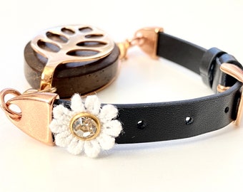 RBG Bella Beat Leaf black leather and rose gold band