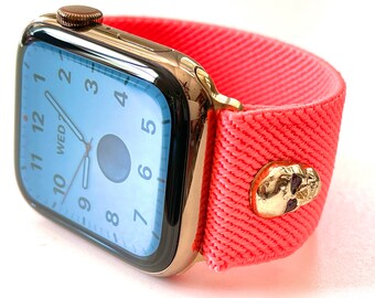 Neon Coral Stretch Watch Band with Gold Skulls for Apple Watch