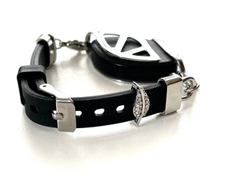 Bella Beat Leaf Bracelet - Premium black silicone strap with crystal leaf charm