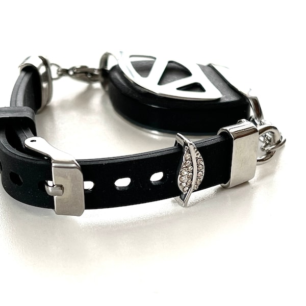 Bella Beat Leaf Bracelet - Premium black silicone strap with crystal leaf charm