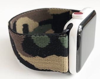 Handmade Stretchy Apple Watch Band: Soft Elastic Camo Print