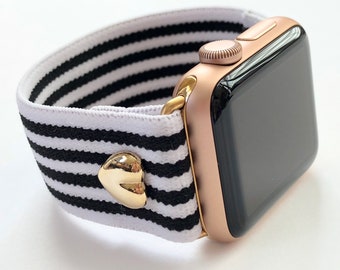 Black and White Striped Apple Watch Band: Elastic Comfort, Nautical Style