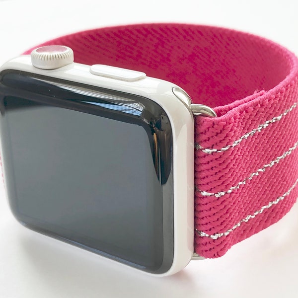 Bracelet Apple Watch Fabriqué sur mesure pour s’adapter Bande de confort élastique extensible Matériel GRATUIT Rayures d’épingle rose vif argenté