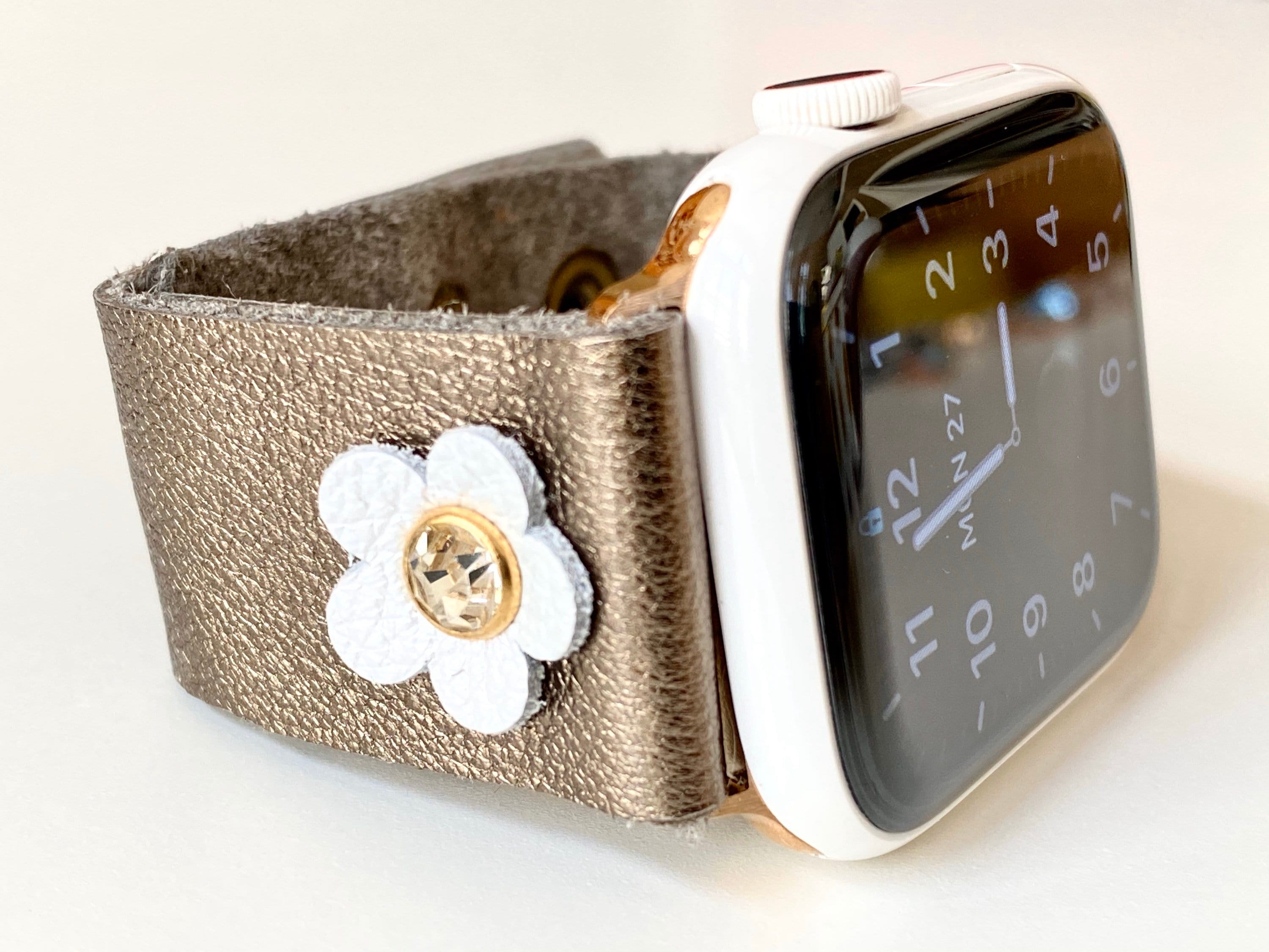 Metallic Bronze Leather Apple Watch Band: Handmade Flower  display picture 3