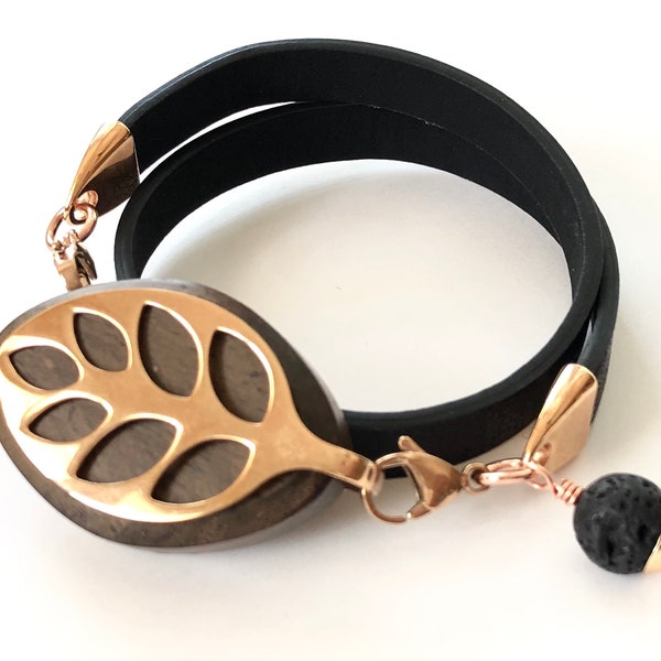 Bella Beat Bracelet double wrap Leather with Rose Gold and lava bead