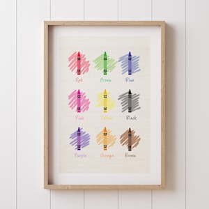 Stampa artistica da parete con pastelli colorati per bambini, poster per imparare i colori per la sala giochi o l'arredamento dell'aula, stampa artistica con illustrazione di pastelli arcobaleno