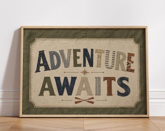 Adventure Awaits Print: Vintage Woodland Nursery Decor, Boys Room Art