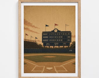 Vintage Baseball Field Print: Retro Scoreboard, Boys Room Wall Art
