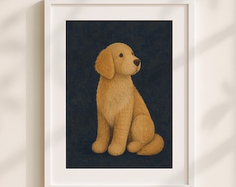 May include: A framed print featuring a golden retriever puppy illustration. The artwork depicts the dog in a seated position, with a light brown coat and a dark blue background. The print is encased in a white frame.