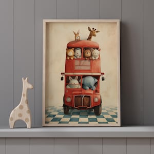 Double Decker Bus Animal Print: Whimsical Nursery Wall Art
