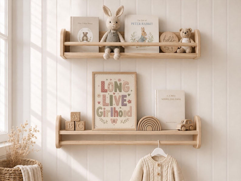 Puede incluir: Dos estantes de pared de madera clara con una barra frontal. El estante superior sostiene un conejo de peluche, dos libros y un letrero redondo. El estante inferior muestra bloques de madera, un cuadro con el texto LONG LIVE Girlhood y un libro.