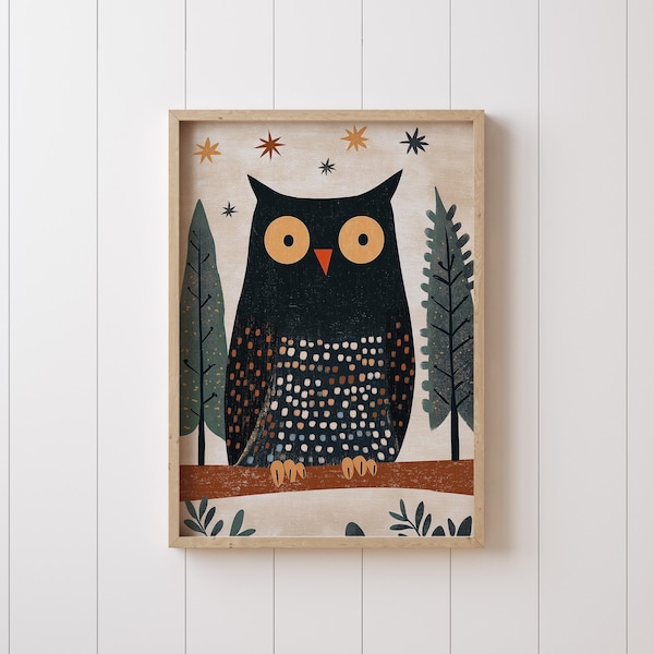Lámina infantil de búho escandinavo: arte mural infantil bohemio con temática de bosque