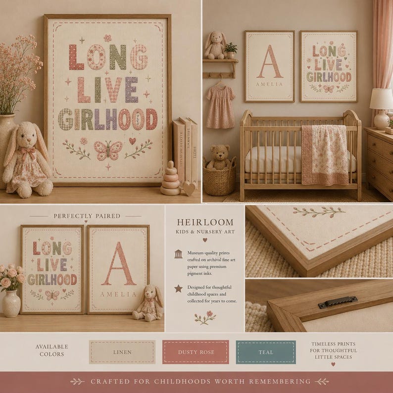 Puede incluir: Una colecci&oacute;n de l&aacute;minas decorativas enmarcadas para guarder&iacute;a con el texto "LONG LIVE GIRLHOOD" en letras estampadas multicolores, junto a una l&aacute;mina personalizada con la letra "A" y el nombre "AMELIA" en marcos de madera.