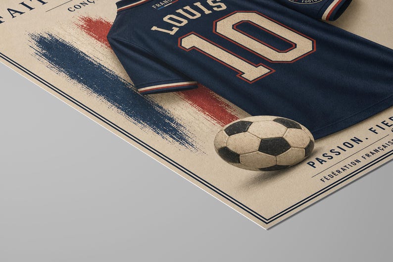 May include: A dark blue sports jersey with the name LOUIS and the number 10 in beige with red outlines, placed on a beige poster featuring a textured blue and red brushstroke design, a soccer ball graphic, and the text PASSION. FIERT&Eacute;. F&Eacute;D&Eacute;RATION FRAN&Ccedil;AISE.