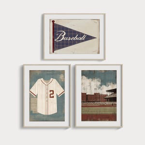 Vintage Baseball Wall Art Set of 3 – Retro Baseball Prints – Sports Gallery Wall Decor, Boys Room Baseball Art, Baseball Gallery Wall