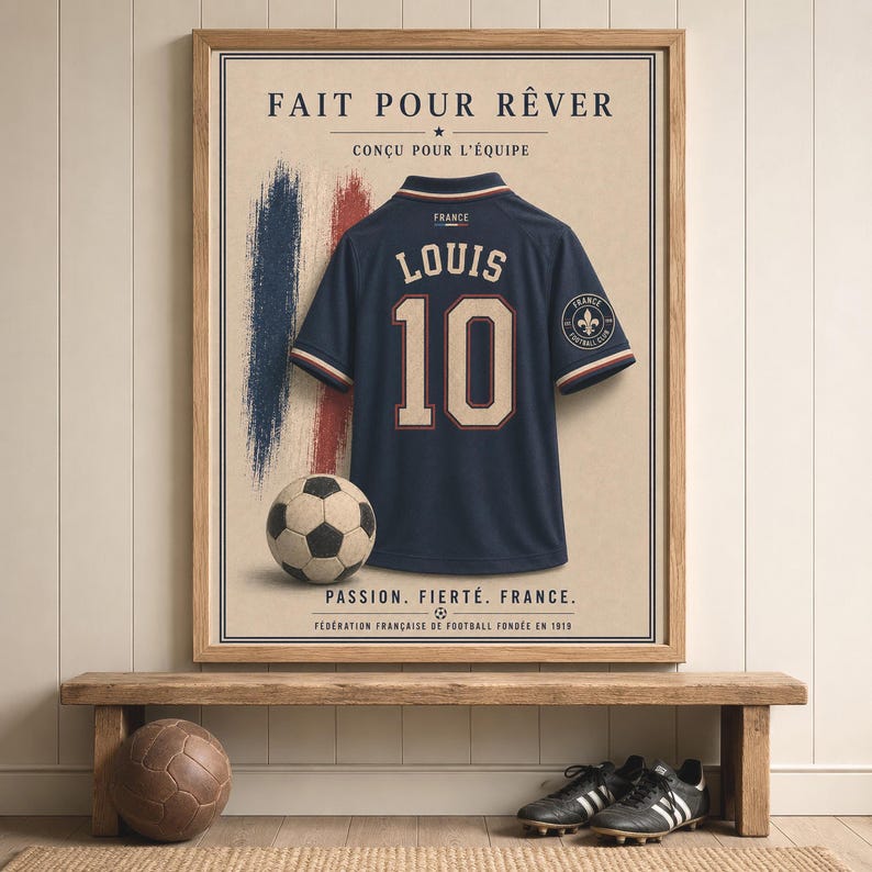 May include: A framed poster featuring a dark blue soccer jersey with the name LOUIS and number 10 in beige. The text reads FAIT POUR R&Ecirc;VER, CON&Ccedil;U POUR L'&Eacute;QUIPE, and PASSION. FIERT&Eacute;. FRANCE. A soccer ball sits below the jersey against a brushstroke background.