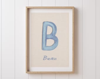 Custom Blue Monogram Wall Art for Kids – Personalized Name and Initial Print for Nursery, Playroom, or Modern Boys Room Decor, Newborn Gift