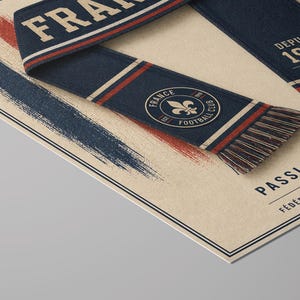 May include: A poster featuring a navy blue scarf with red and white stripes, the text FRANCE, DEPUIS 1919, and a circular logo with a fleur-de-lis. The background is cream-colored with blue and red brush strokes and the text PASSION. FIERT&Eacute;.