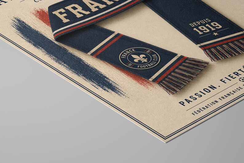 May include: A poster featuring a navy blue scarf with red and white stripes, the text FRANCE, DEPUIS 1919, and a circular logo with a fleur-de-lis. The background is cream-colored with blue and red brush strokes and the text PASSION. FIERT&Eacute;.