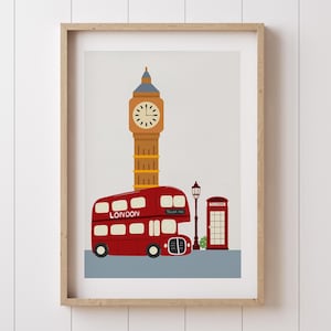 London Nursery Art Print: Big Ben, Double Decker Bus Illustration