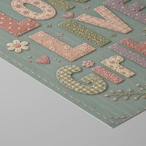 Puede incluir: Una impresi&oacute;n rectangular de color verde salvia con el texto LOVE LIVE GIRL en estilo patchwork. Las letras est&aacute;n decoradas con varios patrones, incluyendo lunares, cuadros vichy y estampados florales en tonos rosa, morado y verde oliva.