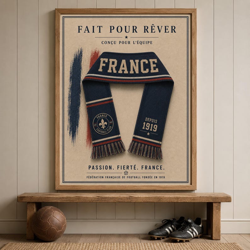 May include: A framed poster featuring a navy blue scarf with the word FRANCE, a fleur-de-lis emblem, and the text DEPUIS 1919. The background includes brush strokes in blue, white, and red, with the text FAIT POUR R&Ecirc;VER and PASSION. FIERT&Eacute;. FRANCE.
