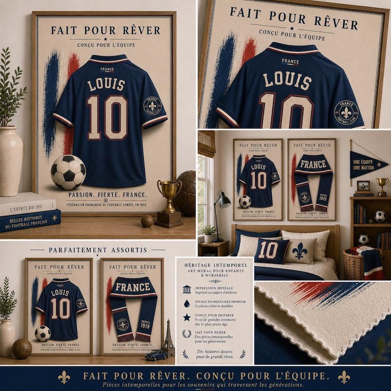 May include: A collection of wall art prints featuring a navy blue soccer jersey with the name LOUIS and number 10, a matching scarf, and a soccer ball. The prints include the text FAIT POUR R&Ecirc;VER, CON&Ccedil;U POUR L'&Eacute;QUIPE, and FRANCE in a vintage style.