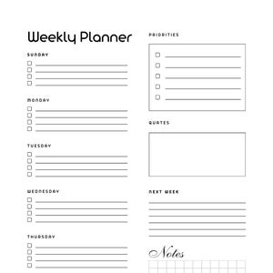 Weiß Schwarz Wochenplaner & Organizer (A4) | CMYK und RGB | Druckbar und Digital | Beginn am Montag und am Sonntag