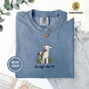 He Left the 99 Dark Shirt, Embroidered Christian Lamb Tee, Faith Shirt, Bible Verse Shirt, Jesus Parable Tee, Comfort Colors