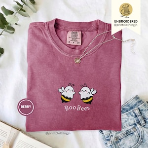 Boo Bees Embroidered Comfort Colors 1717 Shirt, Cute Ghost Bee Halloween Tee, Summerween Bee Lover Gift, Spooky Pollinator Shirt