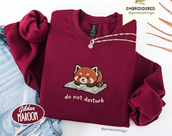 Sweatshirt voor kinderen met rode panda en boekenliefhebber-print, T-shirt met de tekst "Niet storen tijdens het lezen", schattige bibliotheekdiertrui, geborduurd cadeau voor jonge boekenwurmen