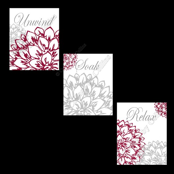 Floral Flower Gray Burgundy Wine Wall Art Prints Decor Etsy