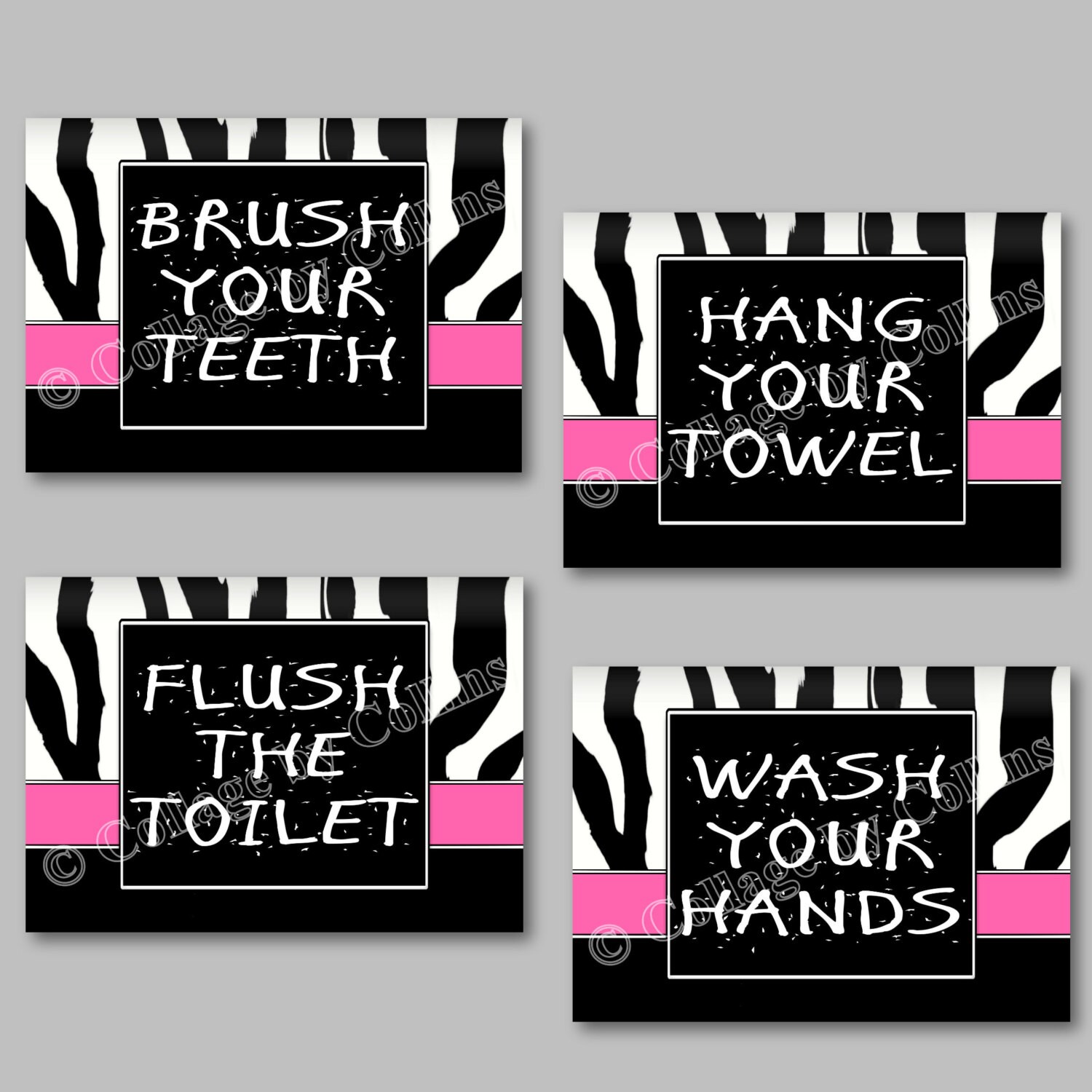 Pink Zebra Print Wall Art Decor Bathroom Rules Wash Brush Etsy