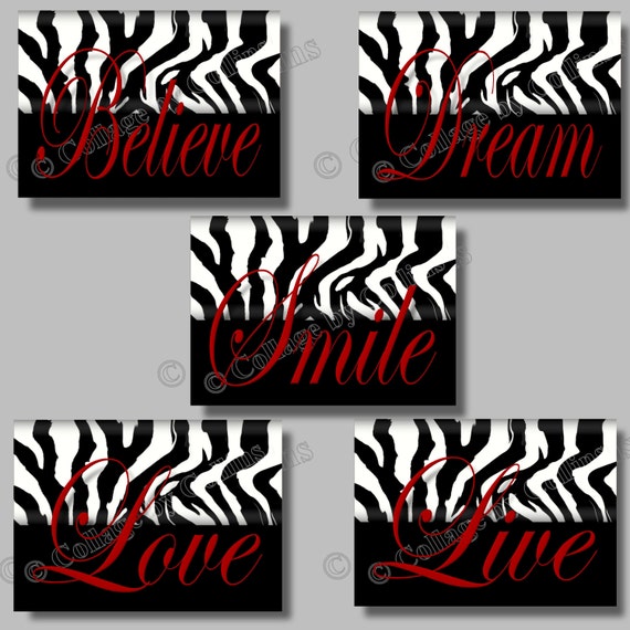 Zebra Print Red Wall Art Decor Love Dream Live Believe Smile Quotes Dorm Office Teen Bedroom Girls Motivational Pictures Photos Unframed