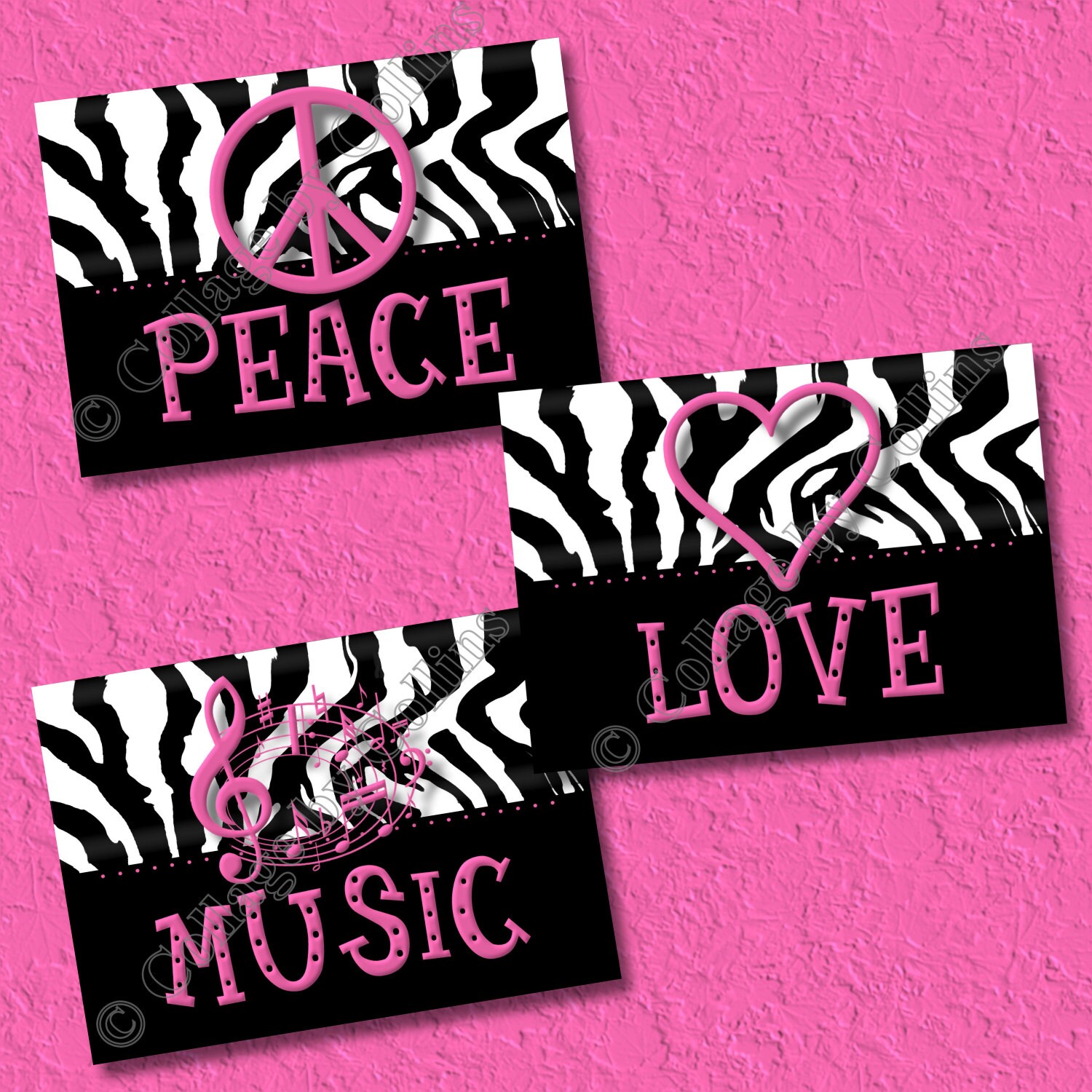 Hot Pink Zebra Print Art Wall Decor Peace Sign Love Music Etsy