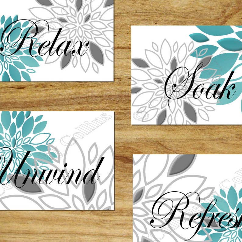 Teal/blue Aqua Gray Wall Art Prints Decor Floral Flower Burst | Etsy