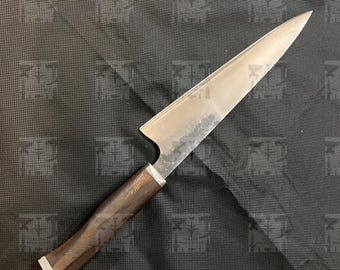 Japanese Gyuto Chef Knife: 14C28N Steel, Walnut Handle, Leather Sheath