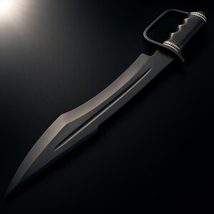May include: A black, curved blade knife with a finger guard and a textured handle. The blade has a sharp point and a groove running down the center. The handle is black with silver accents. The knife is set against a dark background.