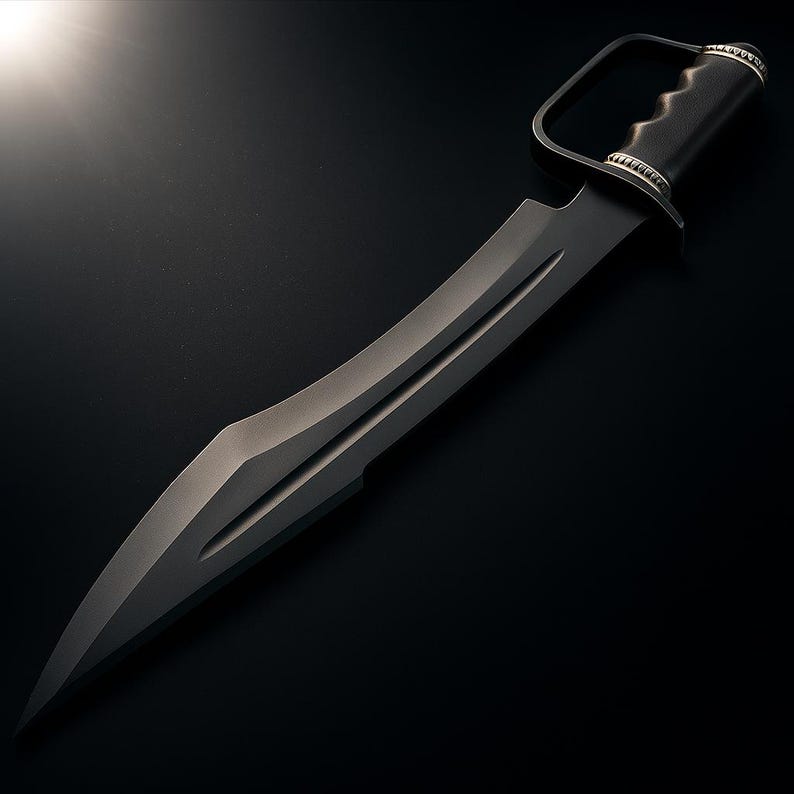 May include: A black, curved blade knife with a finger guard and a textured handle. The blade has a sharp point and a groove running down the center. The handle is black with silver accents. The knife is set against a dark background.