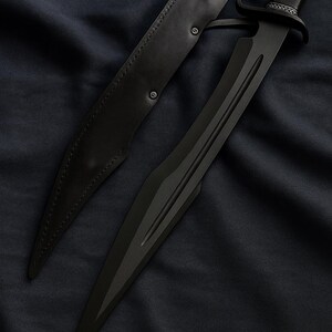 May include: A black sword and sheath. The sword has a unique handle design and a long, pointed blade with a central groove. The black leather sheath is secured with three rivets. The items are displayed on a dark, textured surface.